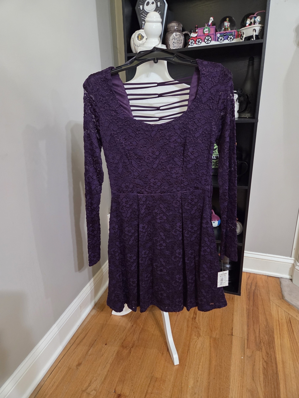 B Darlin Purple Lace Long-Sleeve Strappy Back Dress